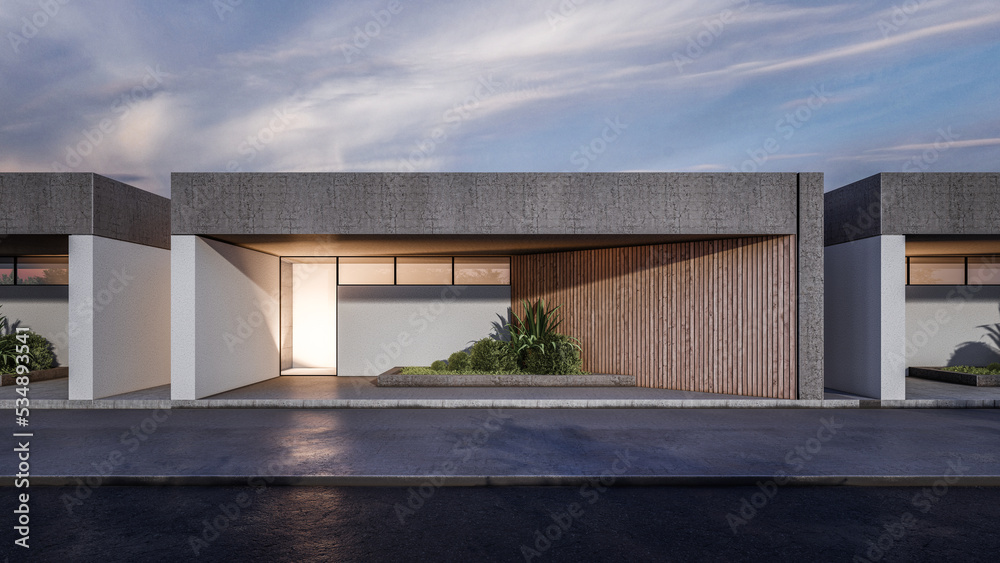 Architecture 3d rendering illustration of modern minimal house with facilities space Architecture 3d rendering illustration of modern minimal house with facilities space