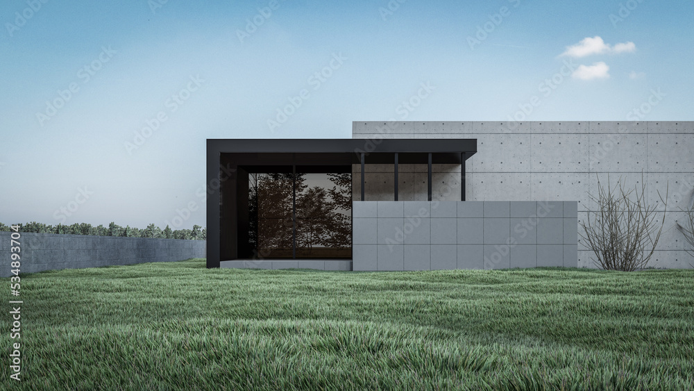 Architectural 3D rendering illustration of modern minimal house with natural landscape Architectural 3D rendering illustration of modern minimal house with natural landscape