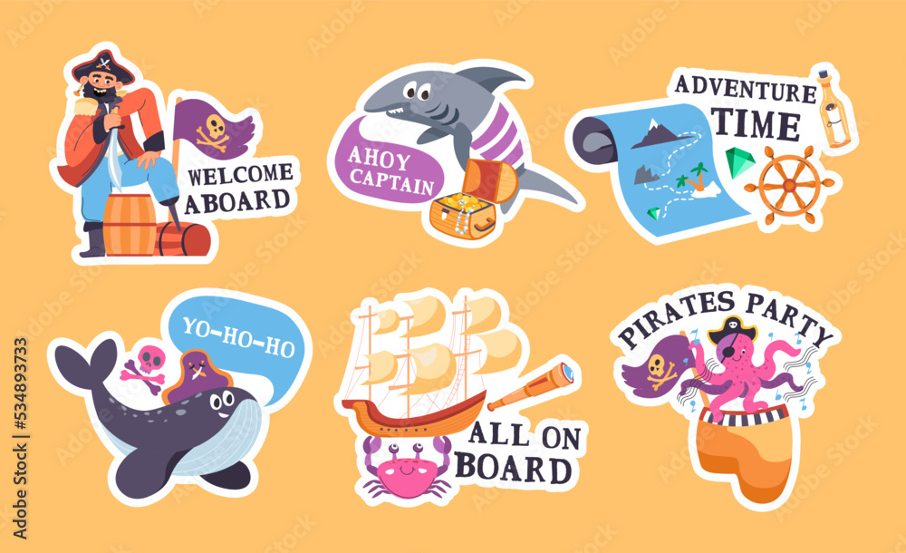 Naklejka premium Sticker design set with pirates party elements