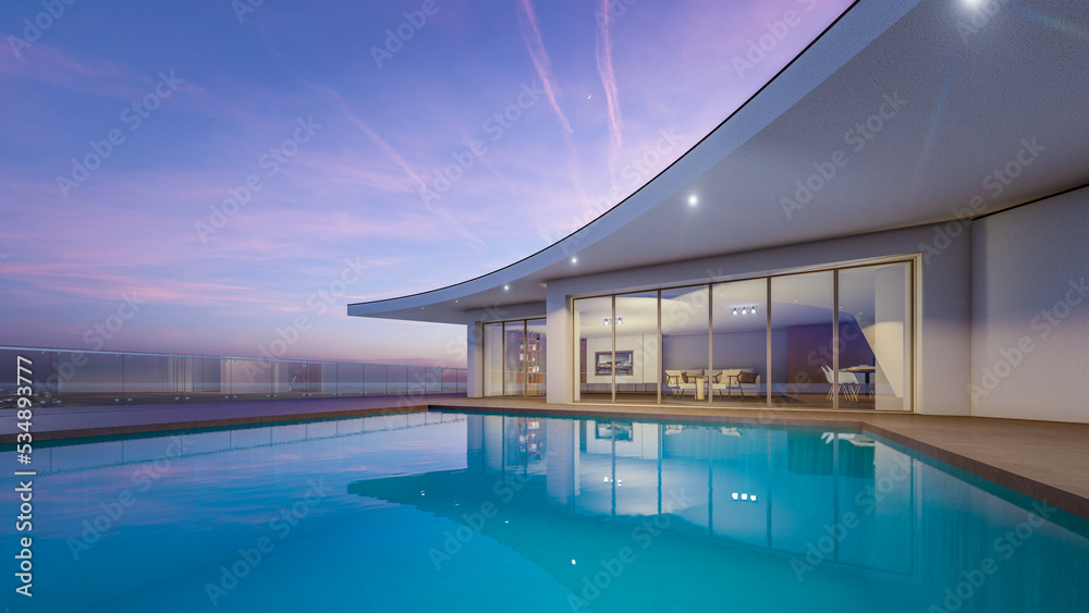 Fototapeta premium Architectural 3d rendering illustration of modern minimal house with swimming pool