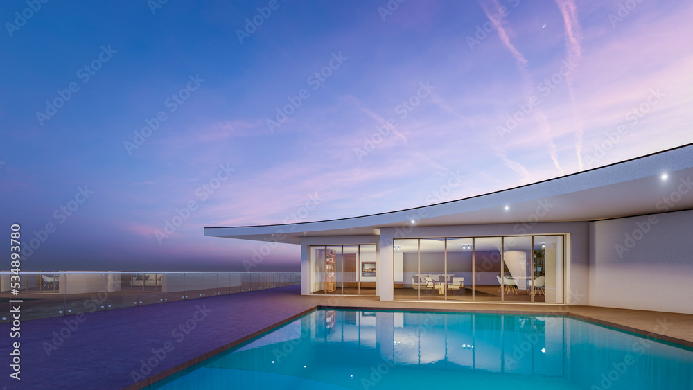 Fototapeta premium Architectural 3d rendering illustration of modern minimal house with swimming pool