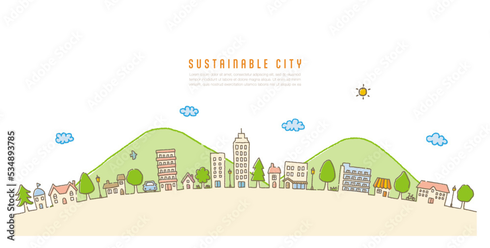 sustainable city image. hand drawn cityscape and nature