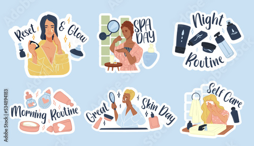 Sticker design set with woman skincare element