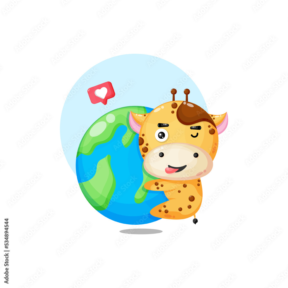 Illustration of cute giraffe hugging the earth Illustration of cute giraffe hugging the earth