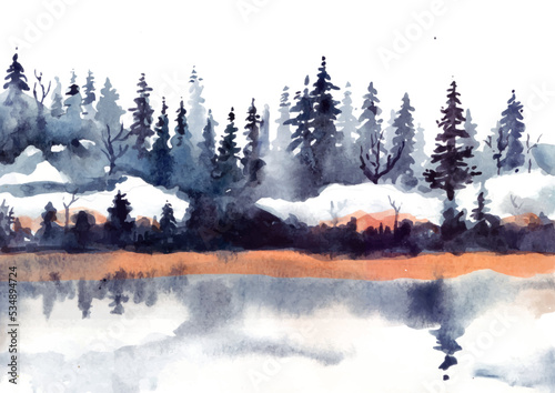 Reflection of winter landscape with pine trees and snow watercolor