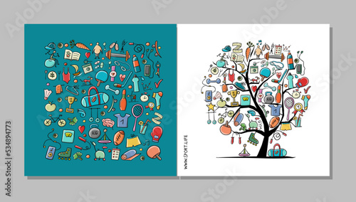 Healthy Lifestyle Background. Sport and activity. Fintess design postcard, concept art for your project. Creative ideas for cards, banner, web, promotional materials. Corporate identity template