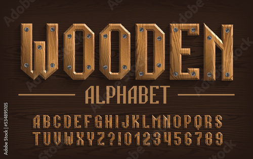 Wooden alphabet font. Beveled letters and numbers. Stock vector typescript for your design.