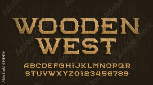 Wooden West alphabet font. Wooden letters and numbers in wild west style. Stock vector typescript for your design.