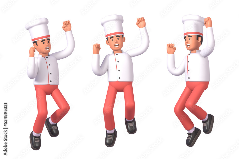 3d render of cook in white uniform celebrating, jumping in joy 3d render of cook in white uniform celebrating, jumping in joy