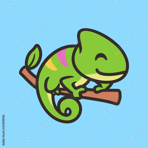 Cute chameleon cartoon character logo design, flat design style