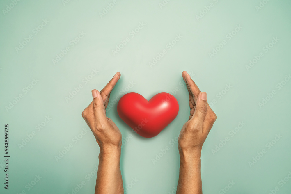 red heart in hand on light green background for a mental health care and symbolic of world heart day, charity and hope concept red heart in hand on light green background for a mental health care and symbolic of world heart day, charity and hope concept