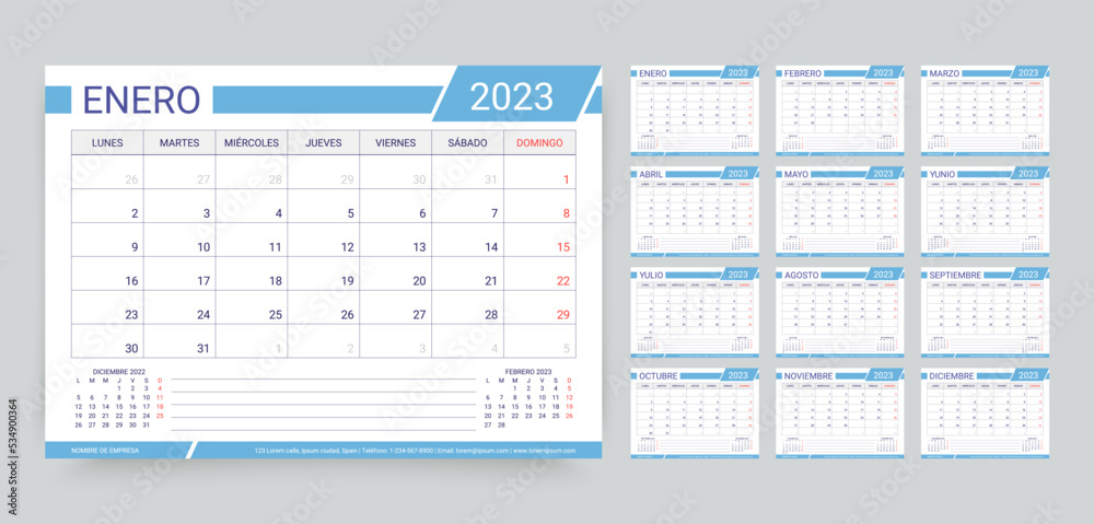 2023 calendar. Spanish planner calender template. Spain desk schedule grid with 12 month. Week starts Monday. Yearly organizer layout. Horizontal monthly diary, A5. Vector simple illustration. 2023 calendar. Spanish planner calender template. Spain desk schedule grid with 12 month. Week starts Monday. Yearly organizer layout. Horizontal monthly diary, A5. Vector simple illustration.