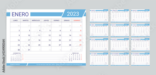 2023 calendar. Spanish planner calender template. Spain desk schedule grid with 12 month. Week starts Monday. Yearly organizer layout. Horizontal monthly diary, A5. Vector simple illustration.