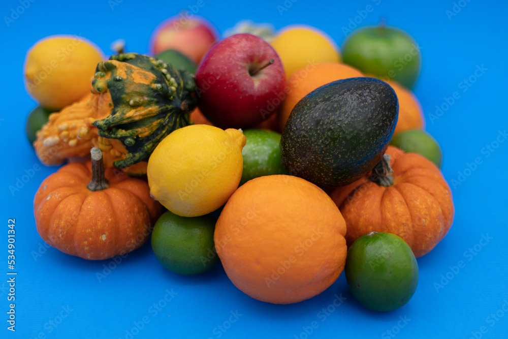 fruits and vegetables on blue backgrund