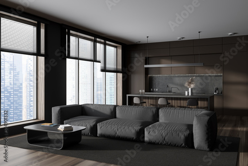 Brown studio interior with chill and cooking corner, panoramic window © ImageFlow