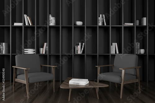 Grey living room interior with two seats and decoration on shelf