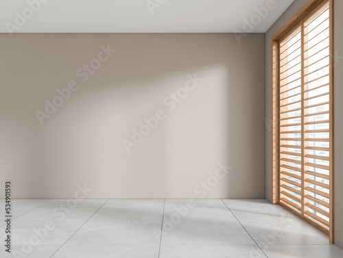 Stylish empty living room with panoramic window and tile floor. Mockup
