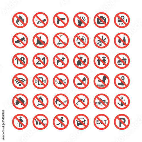 Red prohibition vector icon set. Prohibition or warning sign set.