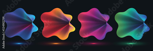 Wavy glowing neon shapes with lines. Abstract dynamic colored icons on black background.