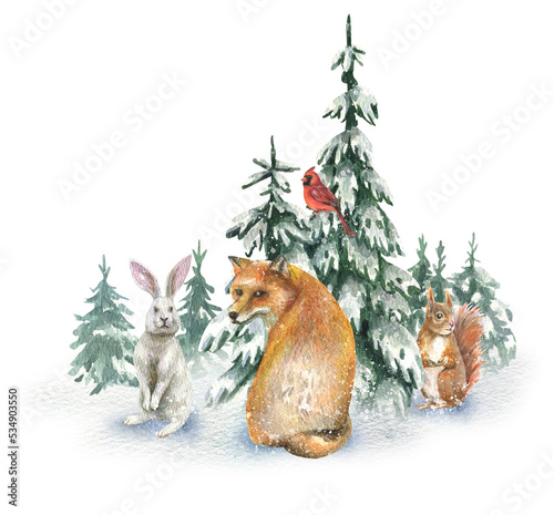 Canvas Print Watercolor illustration with wild forest animals fox, hare, squirrel surrounded by fir trees in the snow