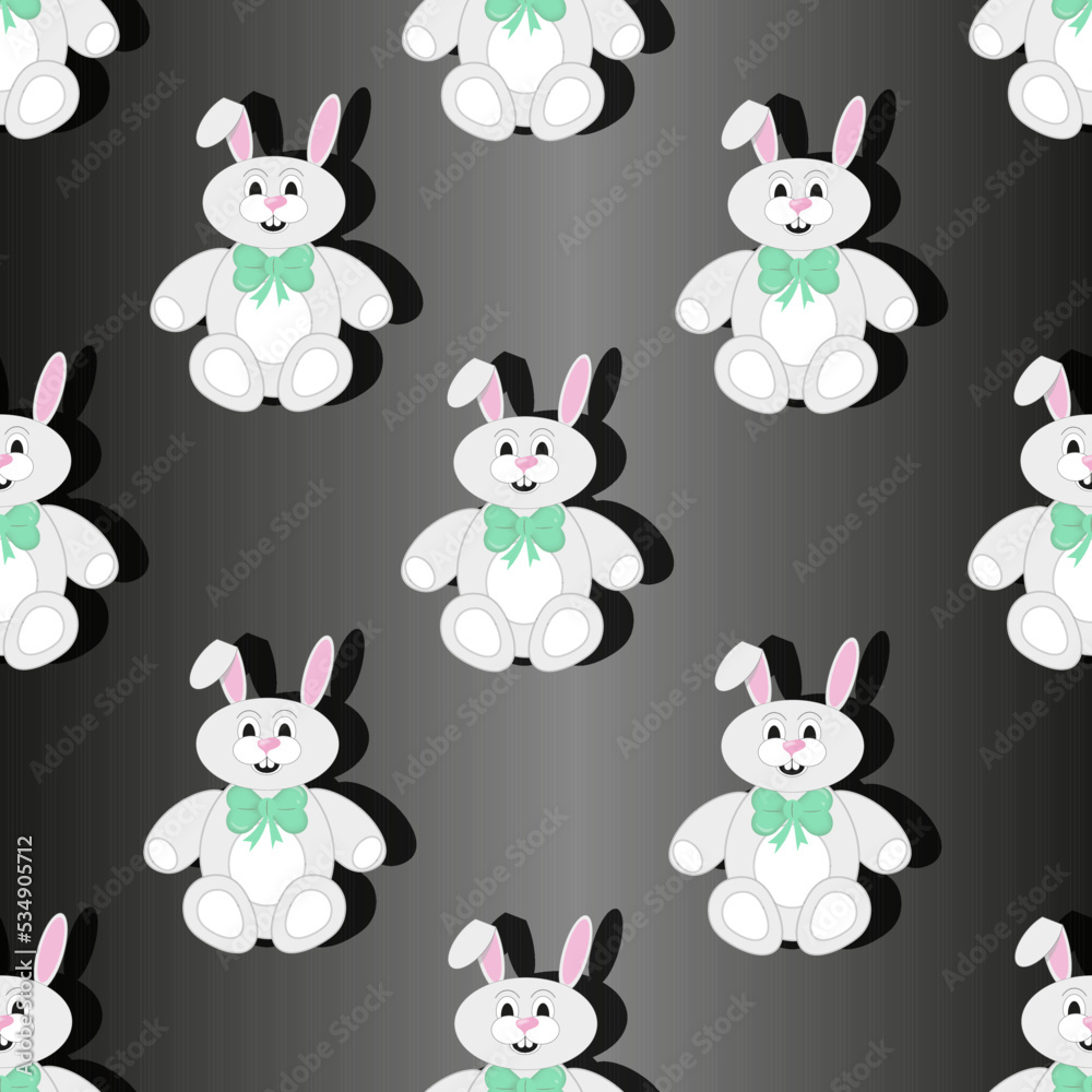 Seamless pattern with rabbits with beautiful green bow on black background. Bunny toy for children shop. Christmas concept. Print for wallpaper for children room.