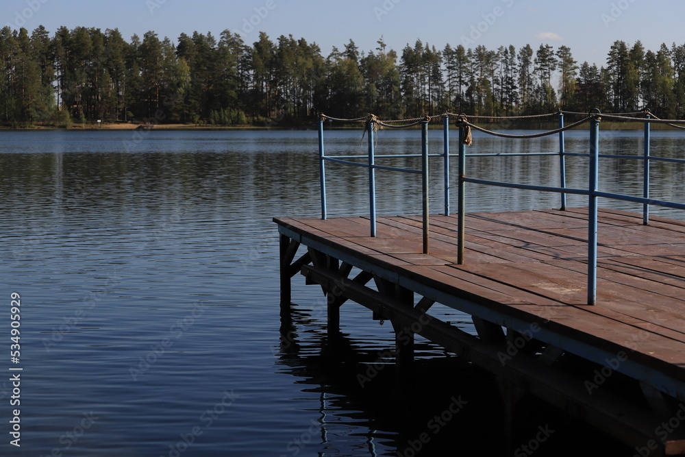 Landscape on the lake. A wooden pier with blue metal railings on the shore of a lake lined with green trees.