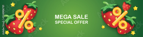 Summer sale vector banner design with strawberries. Summer sale in white empty space for text with discount for seasonal sale.