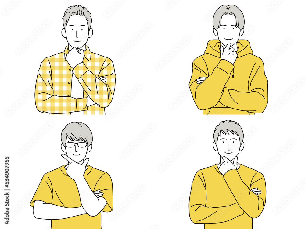 人物イラスト男性 セット 正面 考える