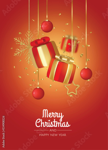 Christmas background. Design with realistic Christmas tree, gift box, snowflakes, balls. Festive composition