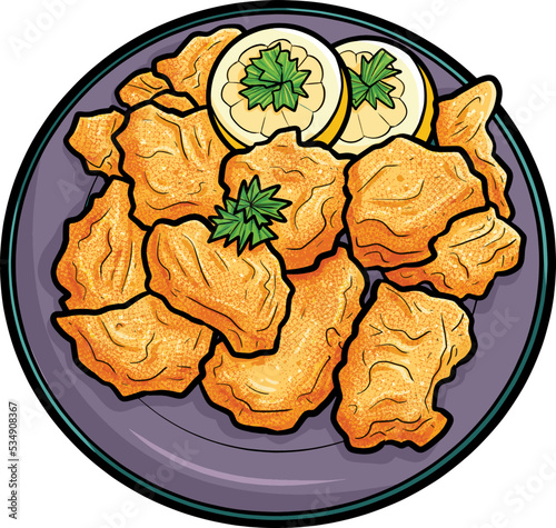 Yummy nugget with lemon sauce in cartoon style

