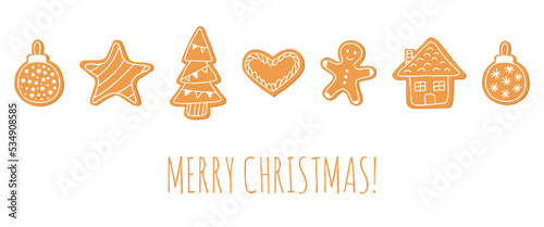 Merry christmas greeting card template. Gingerbread doodle flat icon set isolated on white background. Glazed traditional sweet food. Christmas banner design.
