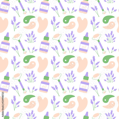 Set of Gua Sha massage tools seamless pattern. Scraper, face oil, double sided massage roller, eye patches, lavender. Home beauty salon. Vector flat cartoon illustration isolated on white background.