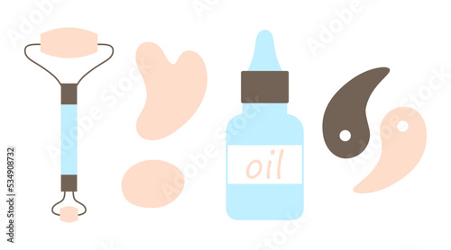 Set of Gua Sha massage tools. Scraper, face oil, double sided massage roller, eye patches. Home beauty salon. Vector flat cartoon illustration isolated on white background.