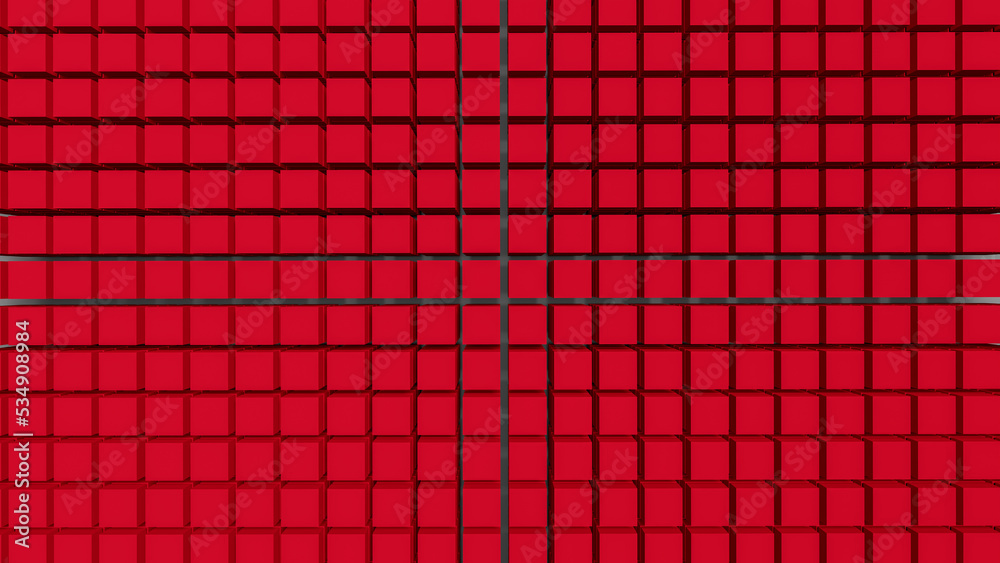 Top view auf zahlreiche kleine rote Würfel die nebeneinanderstehend eine Fläche bilden als Hintergrund  - obrazy, fototapety, plakaty 