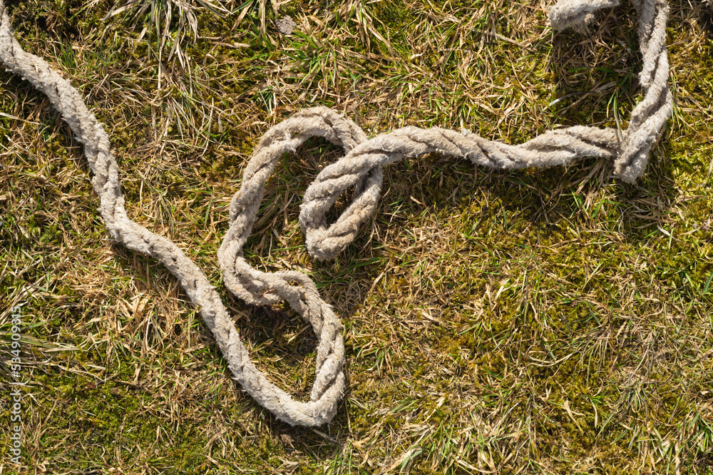 Old rope lies on the green grass. marine equipment