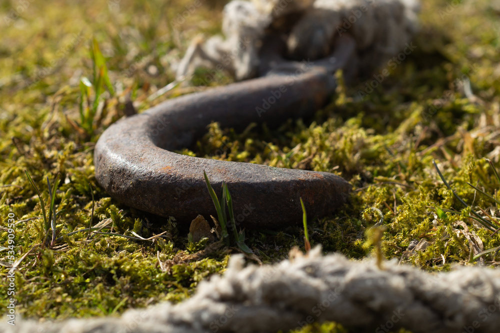 Rusty metal hook with rope lies on the green grass Rusty metal hook with rope lies on the green grass