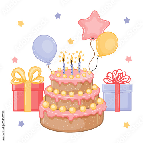 Happy birthday greeting card with festive elements. Cake  balloon  gift box. Vector illustration. Cartoon style.