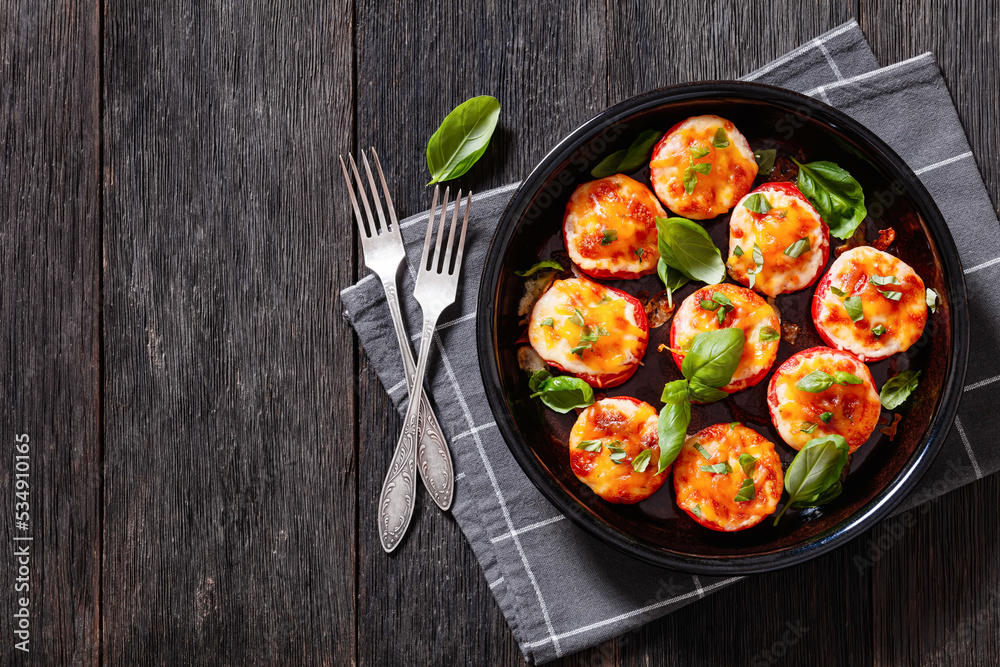 Baked Tomatoes with Mozzarella, Cheddar, Parmesan