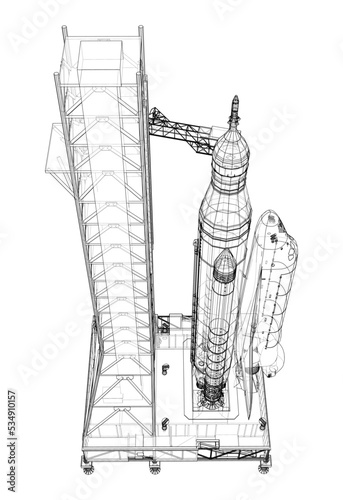Space Rocket on launch pad. Vector rendering of 3d