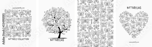 Butterflies collection - frame, tree, backdrop, heart shape. Concept art for ...