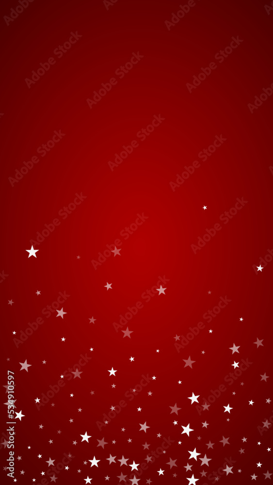 Snowfall overlay christmas background. Subtle flying snow flakes and stars on christmas red background. Festive snowfall overlay. Vertical vector illustration.