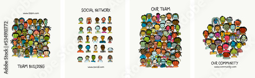 Group of people, community. Social network. Holy holiday, colorful faces. Set for your design project - cards, banners, poster, web, print, social media, promotional materials. Vector illustration