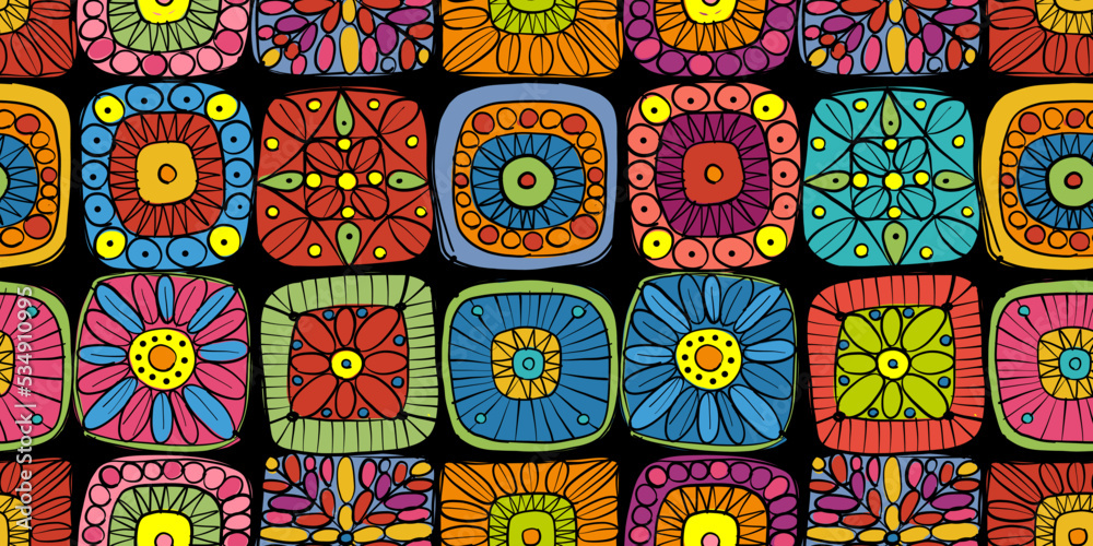 Granny square crochet. Seamless pattern background. Knitted wear. Folk art motif with flowers. Vector illustration