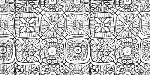 Granny square crochet. Seamless pattern background. Knitted wear. Folk art motif with flowers. Vector illustration