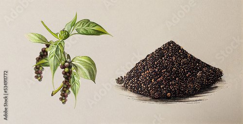 Black Pepper (Piper Nigrum). Botanical illustration on white paper. The best medicinal plants, their effects and contraindications. Natural medicine. Plant properties.