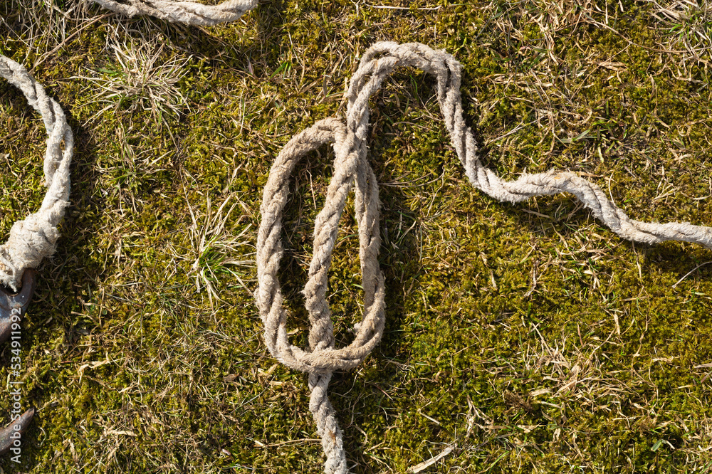 Old rope lies on the green grass. marine equipment