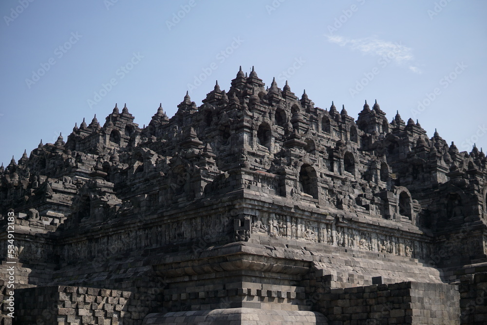 The great architecture and art at Borobudur Temple, Indonesia. This temple is the largest Buddhist temple in the world and has been inaugurated by UNESCO