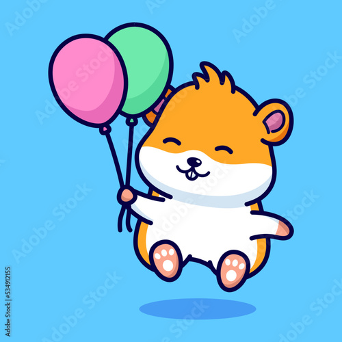 Cute hamster holding balloons cartoon illustration