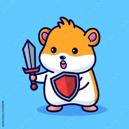 Cute hamster holding sword and shield cartoon illustration