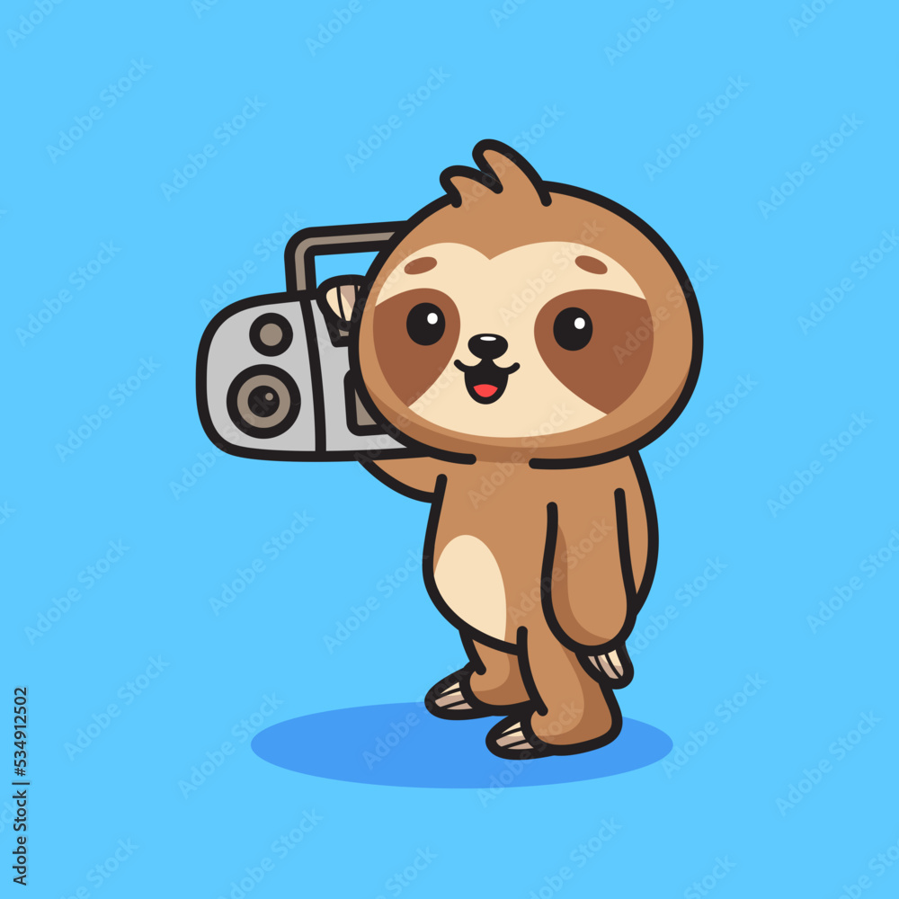 Fototapeta premium Cute sloth lifting boombox illustration